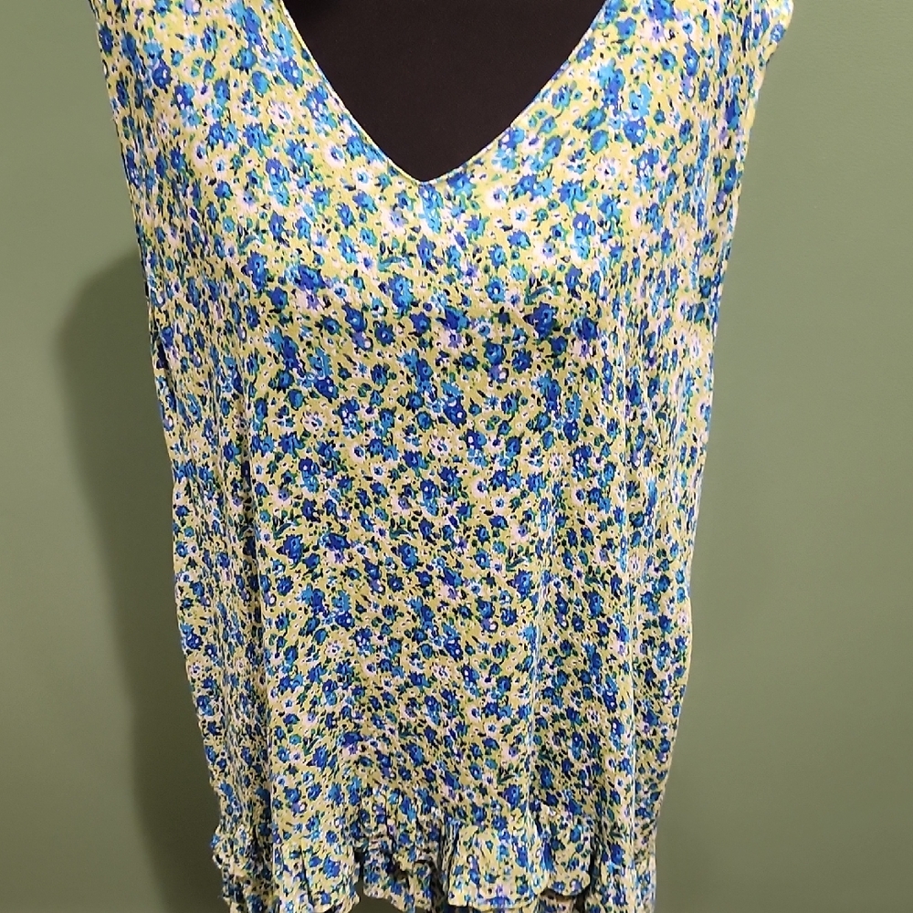 Floral V-Neck Blouse - Blue and Yellow
